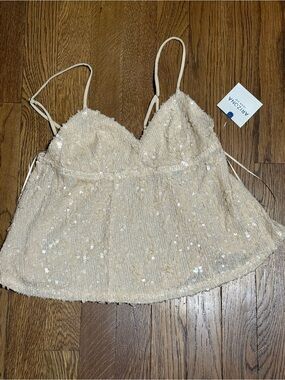 Arizona Jean Company Cream Sequin Spaghetti Strap Tank Top
